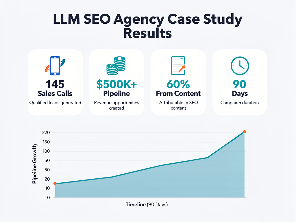 LLM SEO agency case study results: 145 calls and $500K pipeline in 90 days using content automation