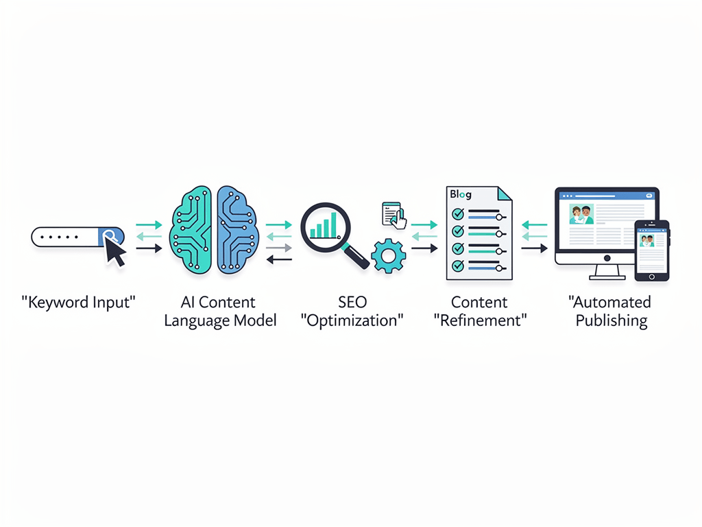 AI blog post generator workflow diagram showing automated content creation process from keyword to publication
