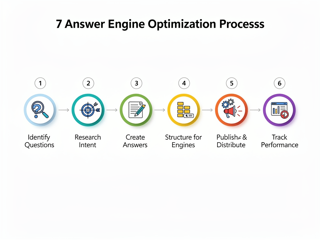 Seven step answer engine optimization process flowchart from question research to performance tracking