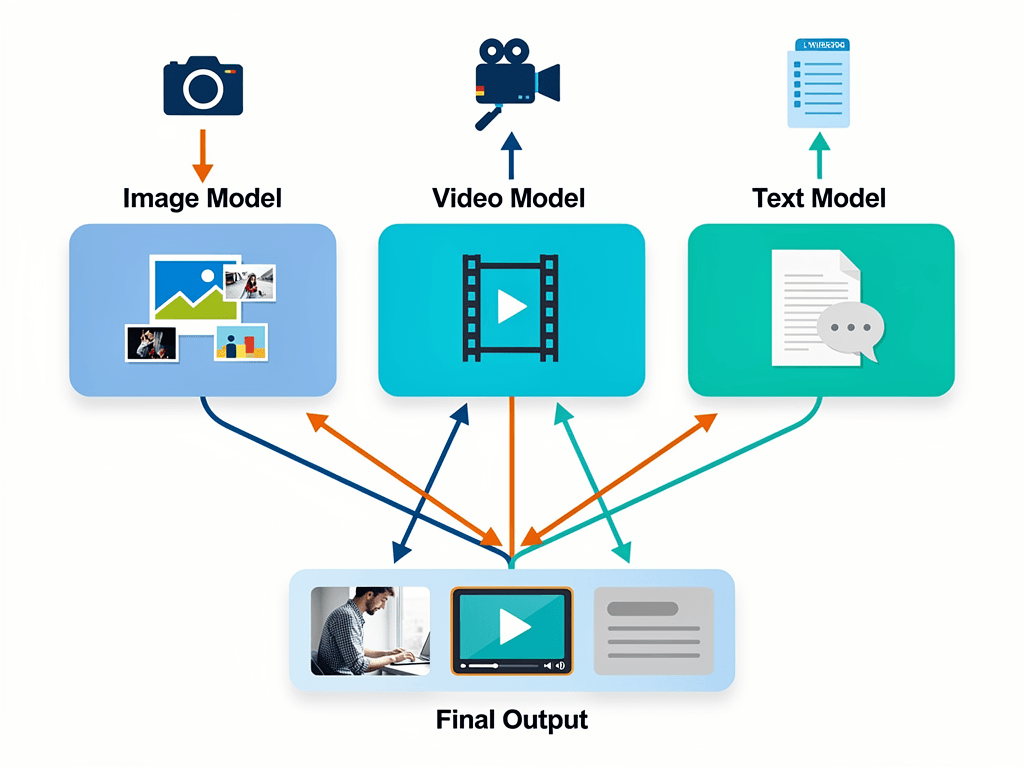 Content automation software using multiple AI models simultaneously for image, video, and text generation in under 60 seconds