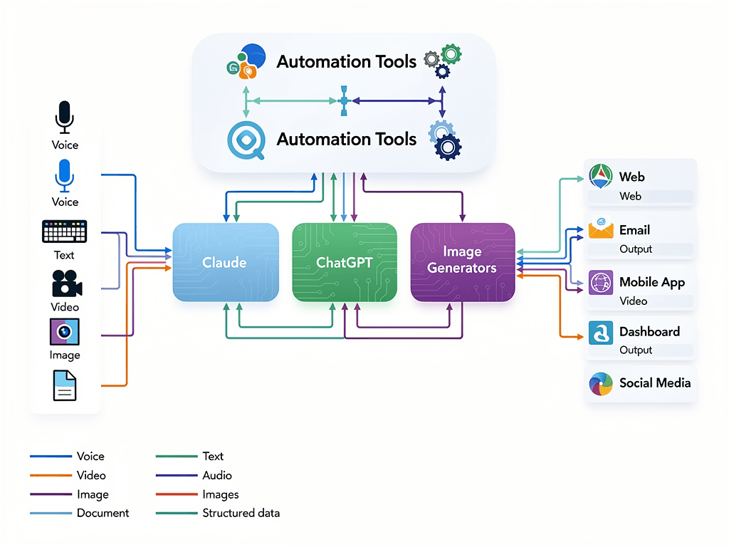 Multi-model automated content creation system showing Claude, ChatGPT, and specialized tools handling different content tasks