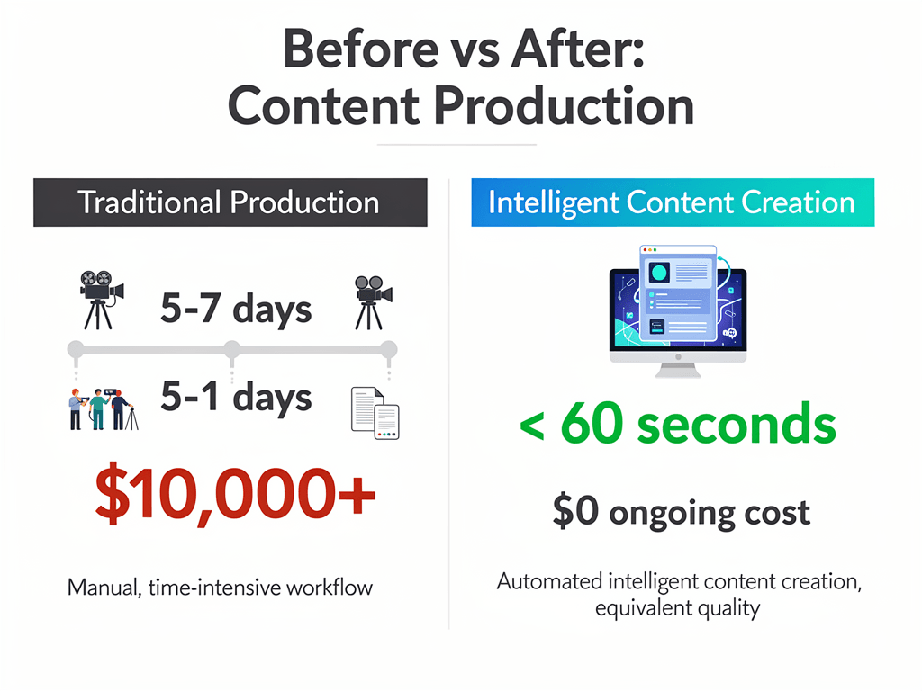 Intelligent content creation case study showing production time reduced from 5-7 days to 60 seconds