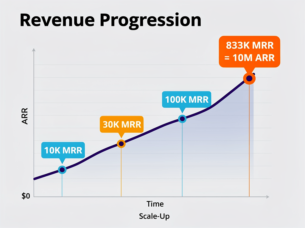 Revenue growth chart showing SaaS company scaling to $10M ARR using automated content production