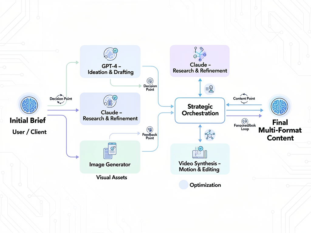 AI automated content creation workflow diagram showing multiple AI models working together in coordinated system