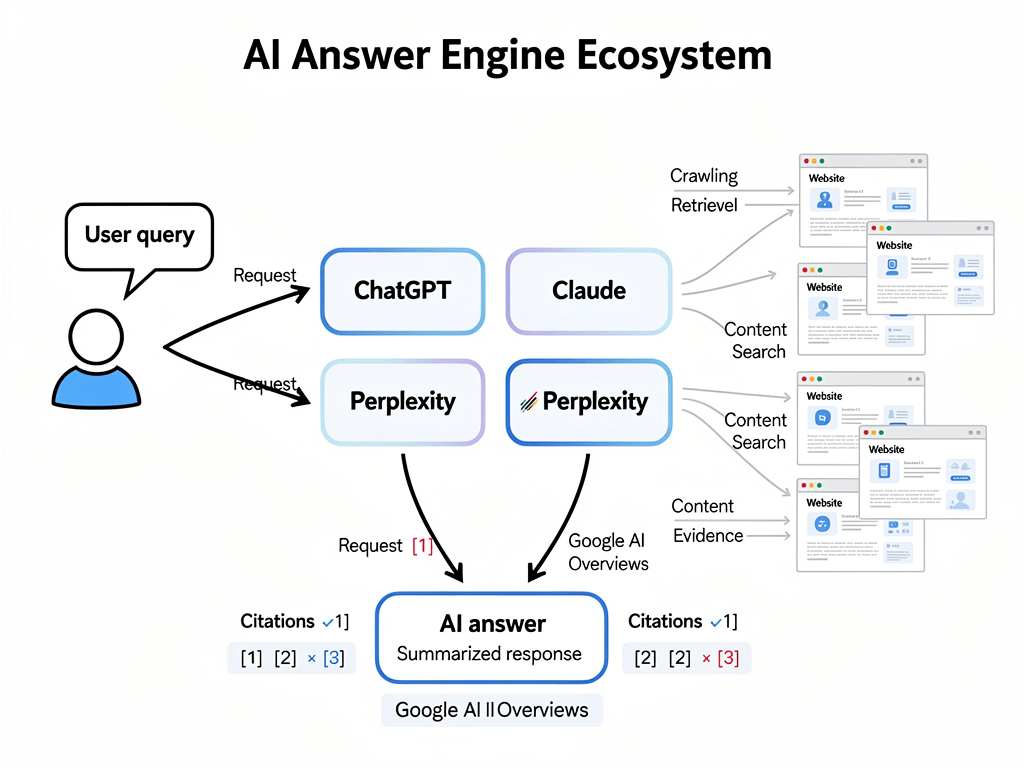 Answer engine optimization diagram showing AI platforms ChatGPT Claude Perplexity citing content sources