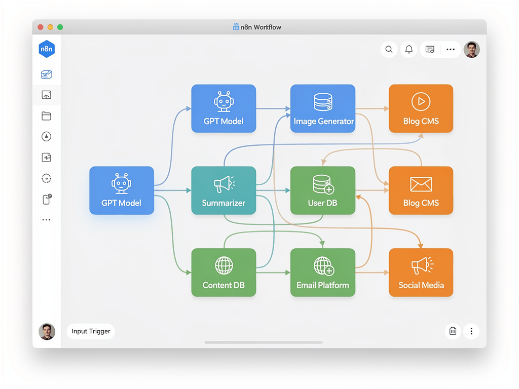 n8n workflow automation platform interface showing AI content creation system with connected models and platforms