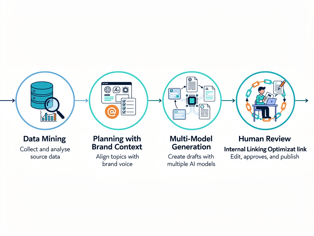 Five-step automated content generation process infographic from data mining to publication with human review checkpoints