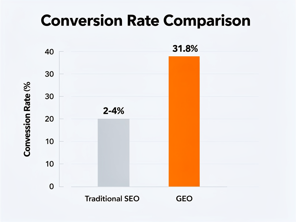 Conversion rate comparison chart showing generative engine optimization GEO achieving 31.8% versus traditional SEO 2-4%