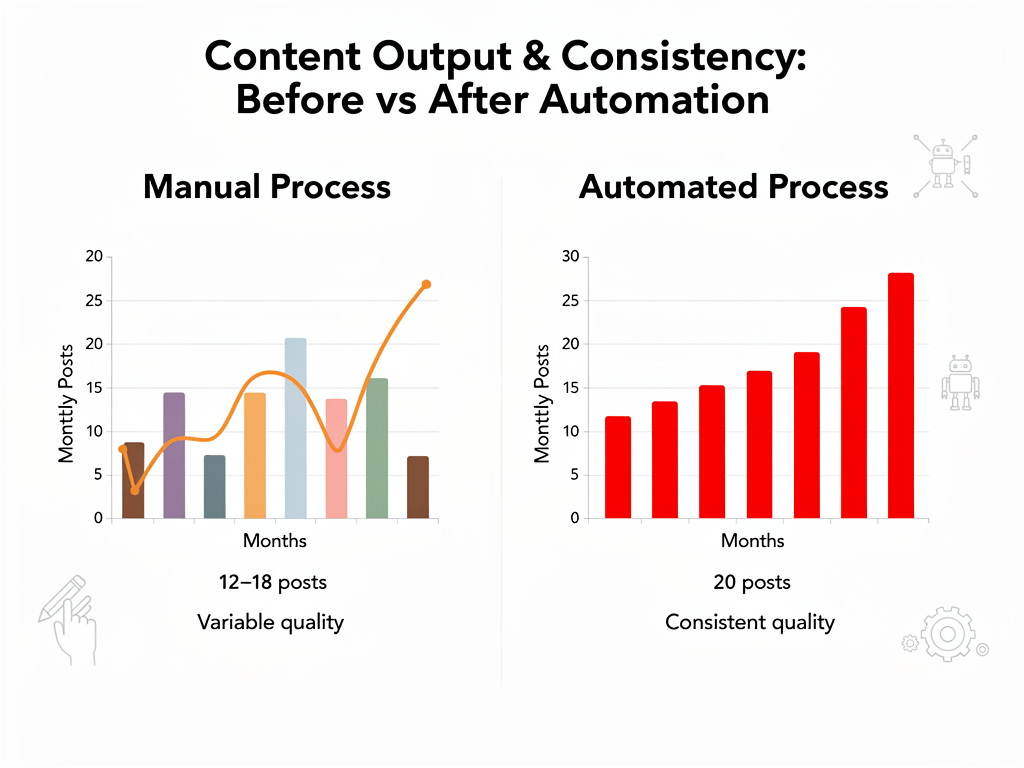 Chart comparing manual content creation output versus automated content workflows showing improved volume and consistency
