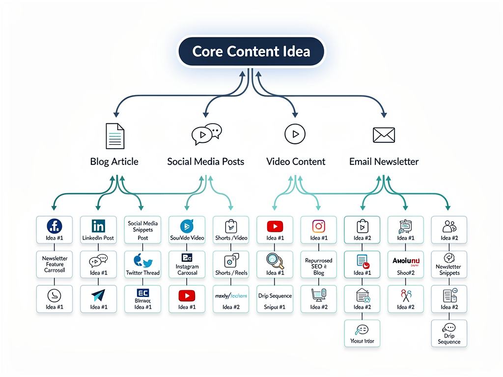 Content waterfall technology diagram showing one idea transforming into 15 platform-specific pieces automatically