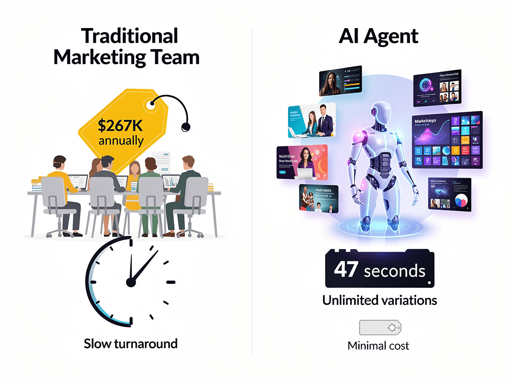 Comparison showing AI automated content creation replacing $267K marketing team with faster cheaper AI agents