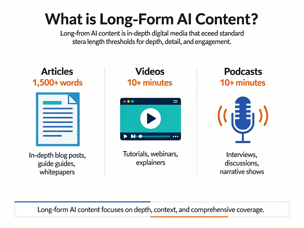 Infographic defining long form AI content types including articles videos and podcasts with length requirements