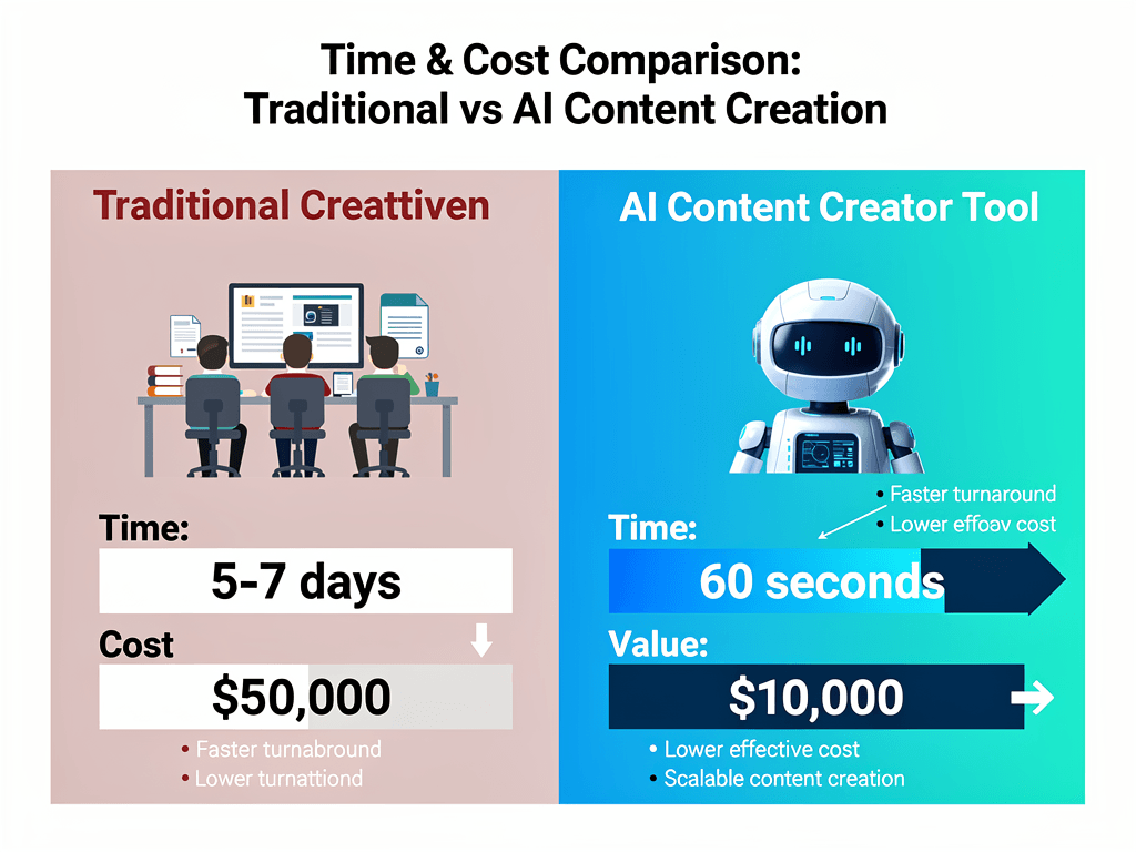 AI content creator tool results infographic comparing 5-7 days traditional production to 60-second automated creative generation