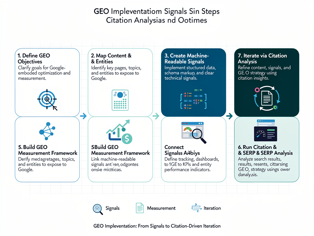 Seven-step generative engine optimization GEO implementation framework infographic from llm.txt to citation analysis