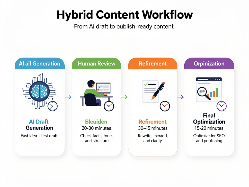 Hybrid content workflow infographic showing AI and human collaboration stages with time estimates for each step