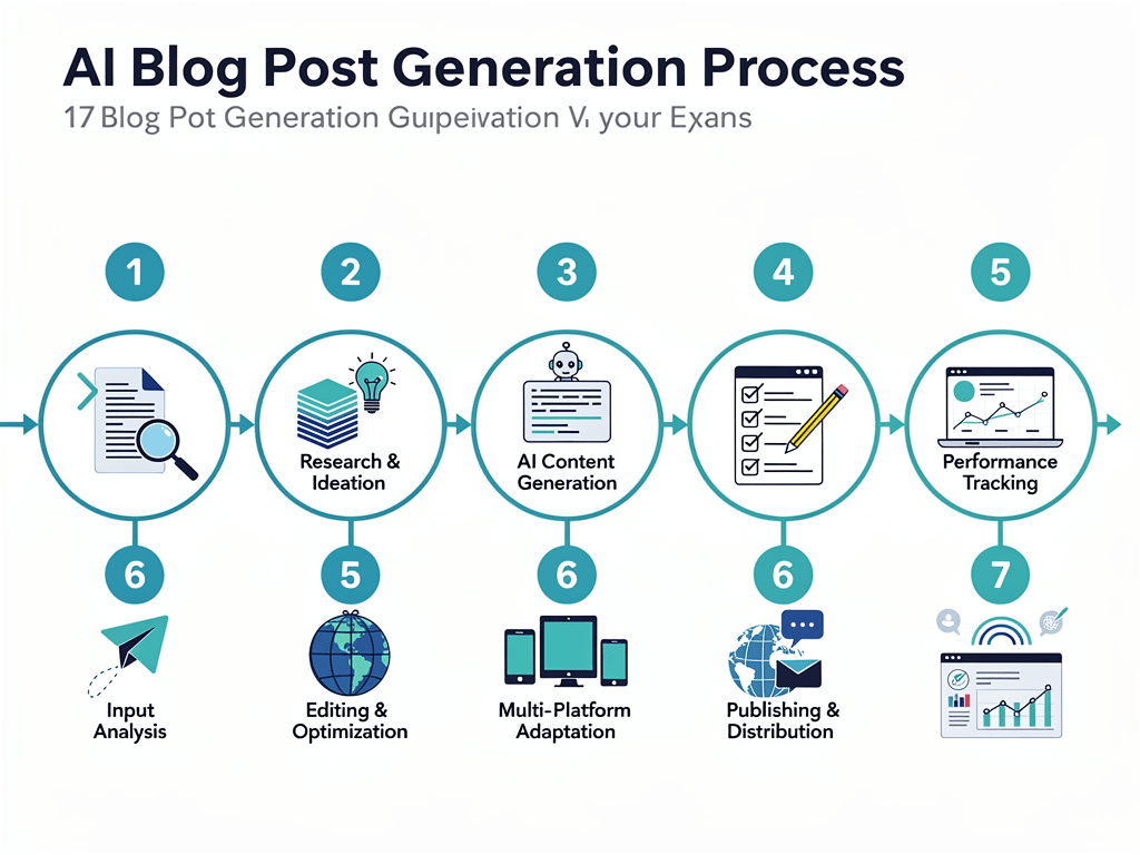 Step-by-step flowchart of AI blog post generator process from keyword input to automated publishing and tracking