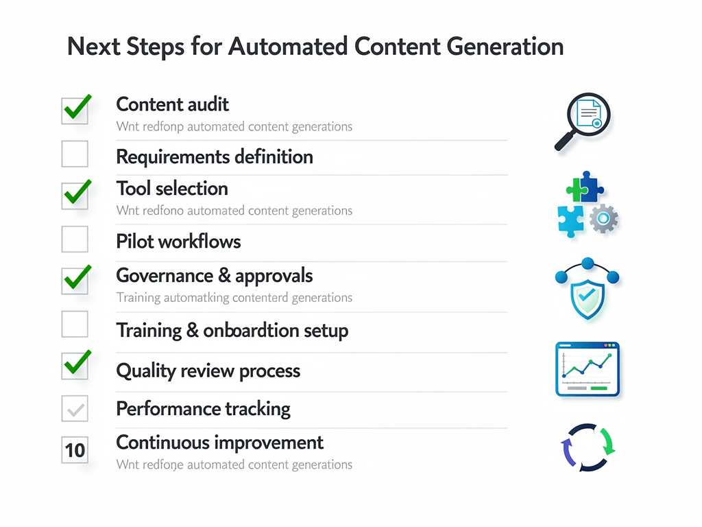 Automated content generation implementation checklist with 10 actionable steps from auditing to human review setup