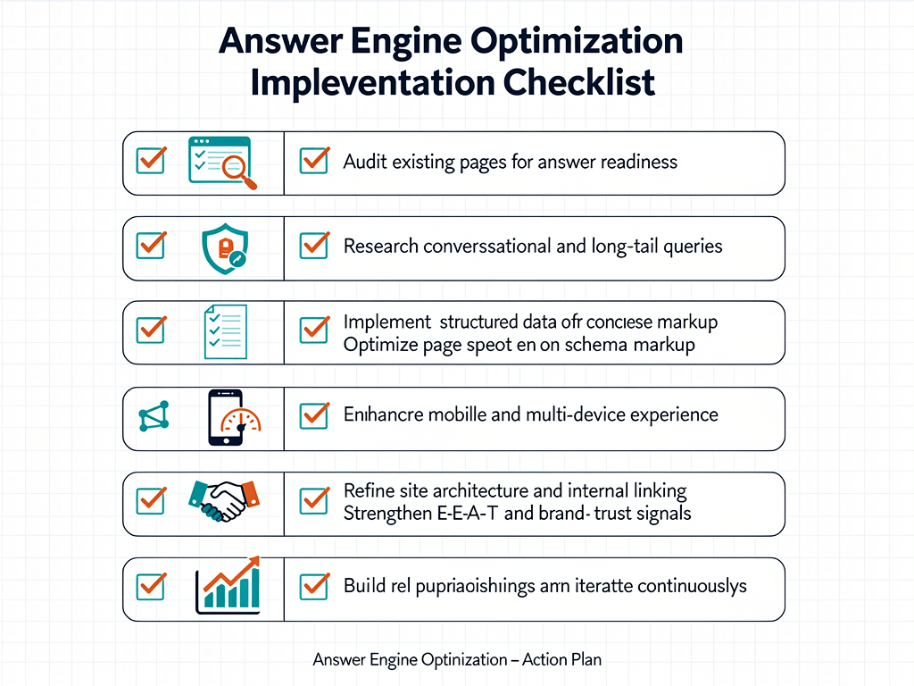 Answer engine optimization implementation checklist with ten actionable steps for content and distribution