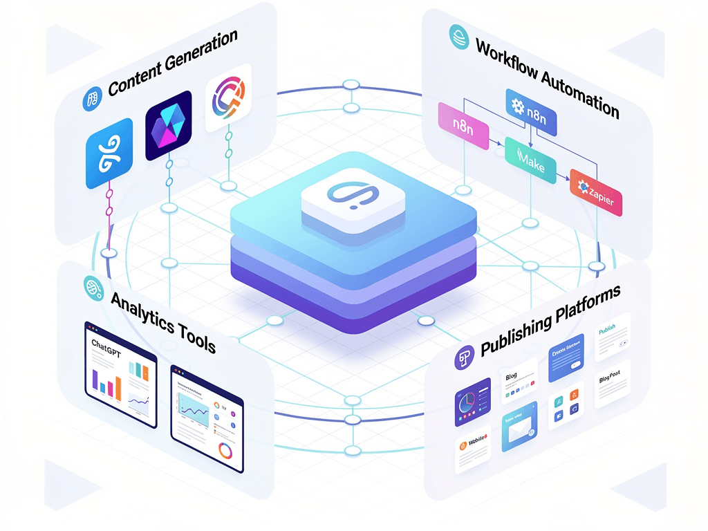 AI content at scale technology stack showing content generation tools workflow automation and publishing platforms