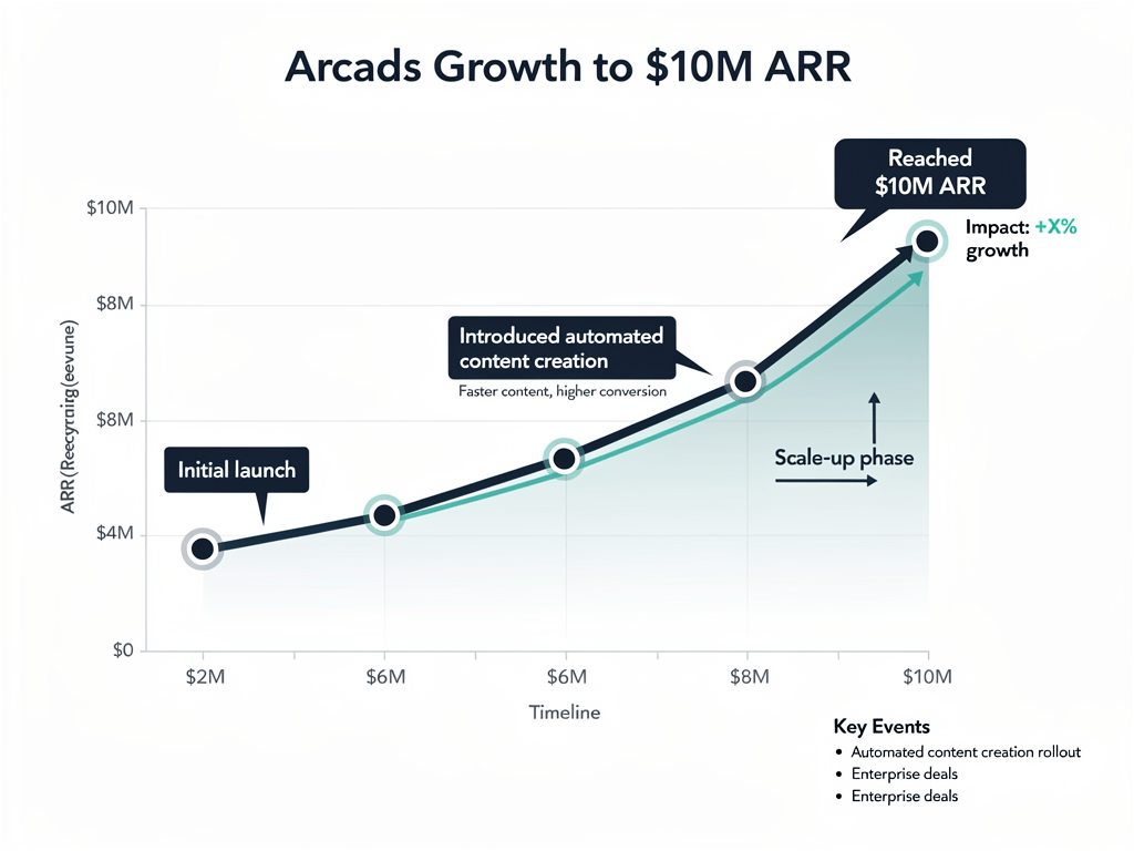 Revenue growth chart showing automated content creation scaling from zero to $10M ARR case study results
