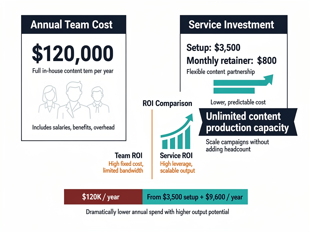 ROI comparison showing how content automation software replaced $120K marketing team with $3,500 setup cost