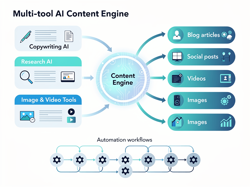 AI content generator system architecture showing specialized tools for copywriting, research, and visual content creation