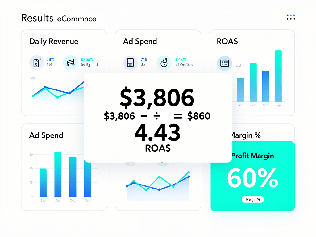 E-commerce automated content generation results showing 4.43 ROAS with $3,806 daily revenue and $860 ad spend