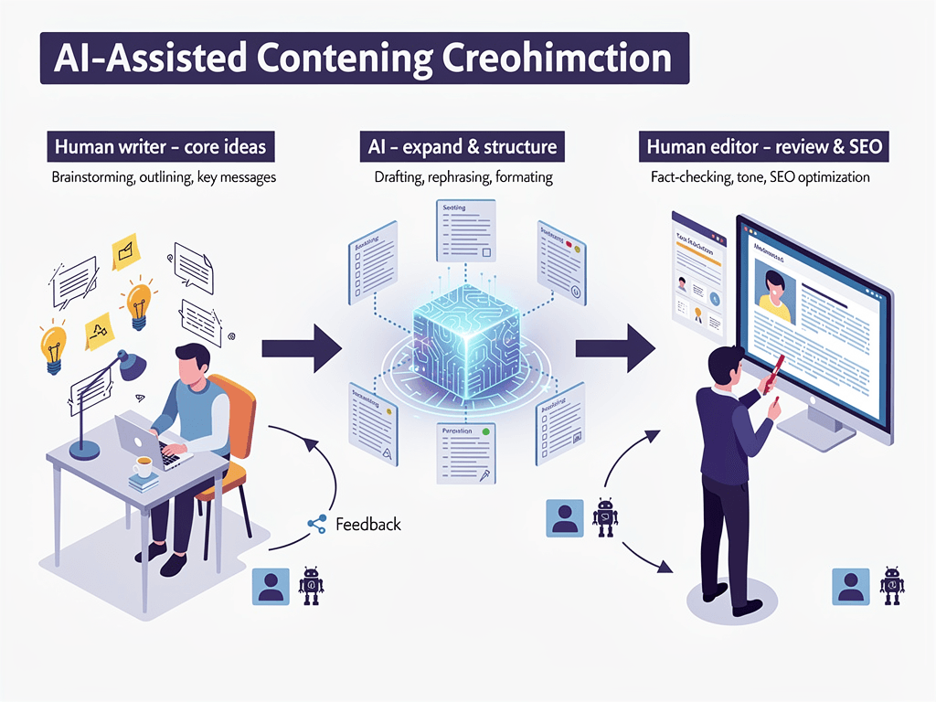 AI content for SEO workflow diagram showing human-AI collaboration in content creation and optimization process
