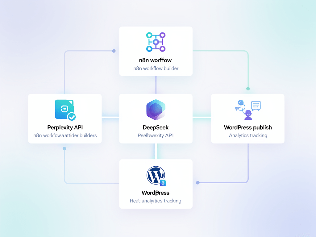Automatic article writer tools ecosystem showing n8n, AI models, APIs, and publishing platforms connected in automated workflow