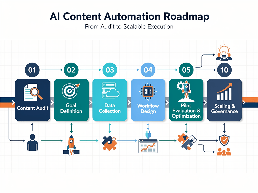 AI content automation implementation checklist showing steps from audit to scaling automated systems